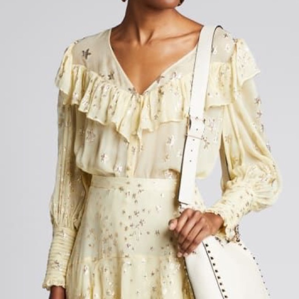 NWT LoveShackFancy Harleigh Metallic Silk Top Sunflower Yellow Romantic Regency - Picture 2 of 13
